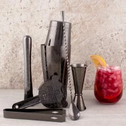Best Pirce 🥰 BarMan Olea® Etched 7 Piece Bar Set - Gun Metal 🎉 -barman shop olea etched bar set scene2 700x700